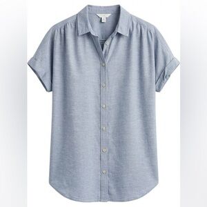 Slate Blue Chambray Linen Denim Look Casual Button Down Shirt